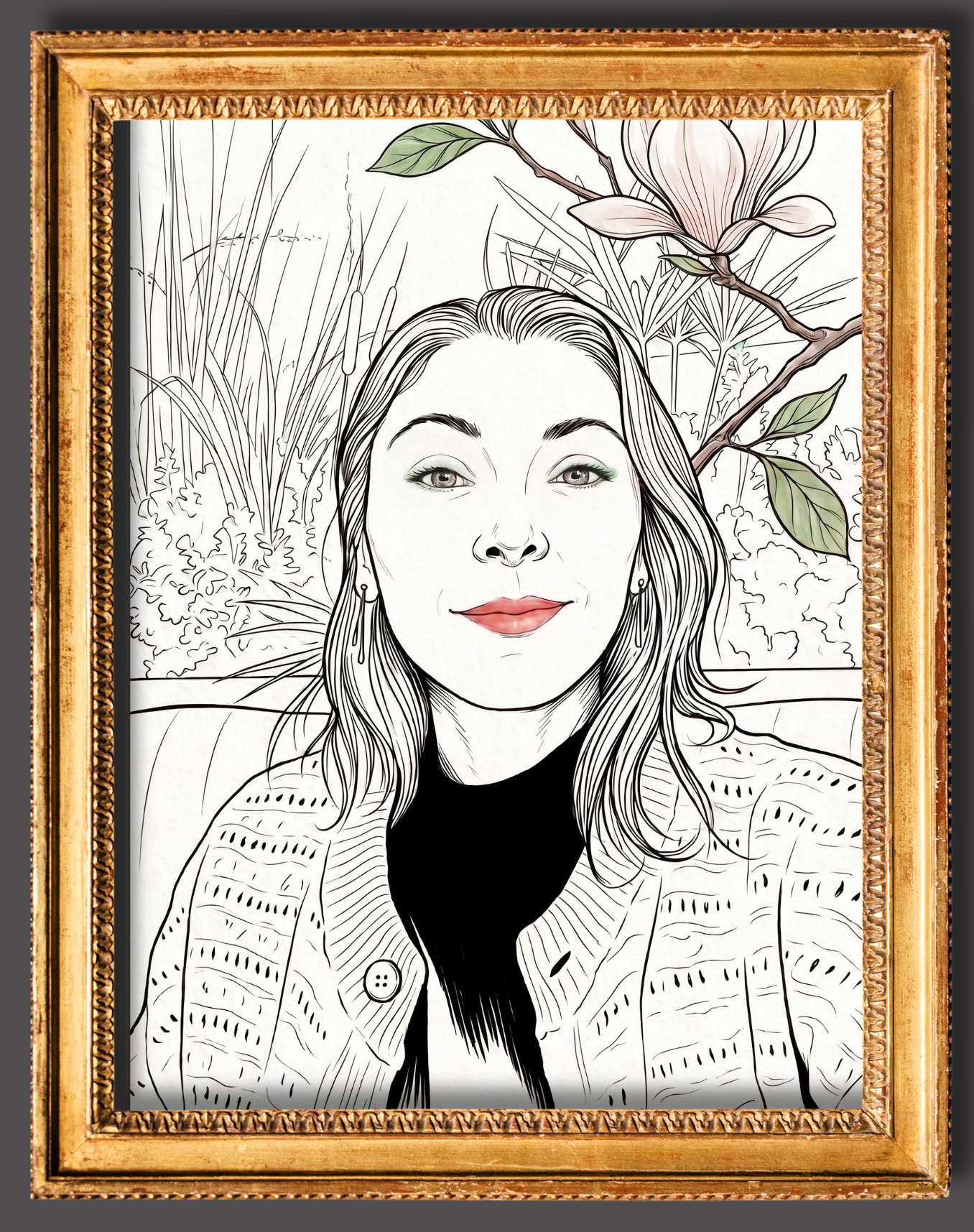 Retrato ilustrado de María, rodeada de ramas de magnolia